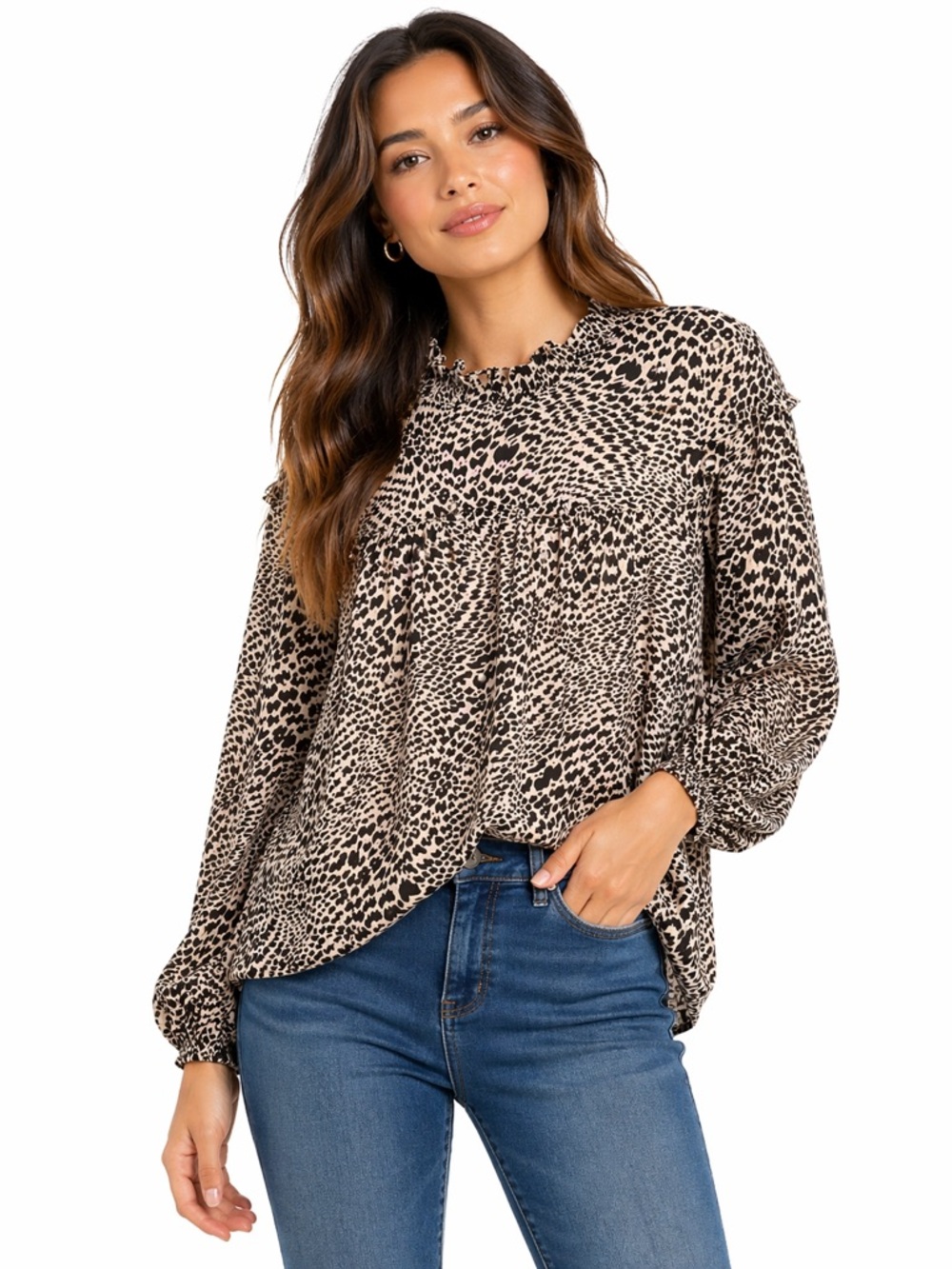 Jodifl Size Large Ruffle Sleeve Leopard Print Women's Long Sleeve Top
